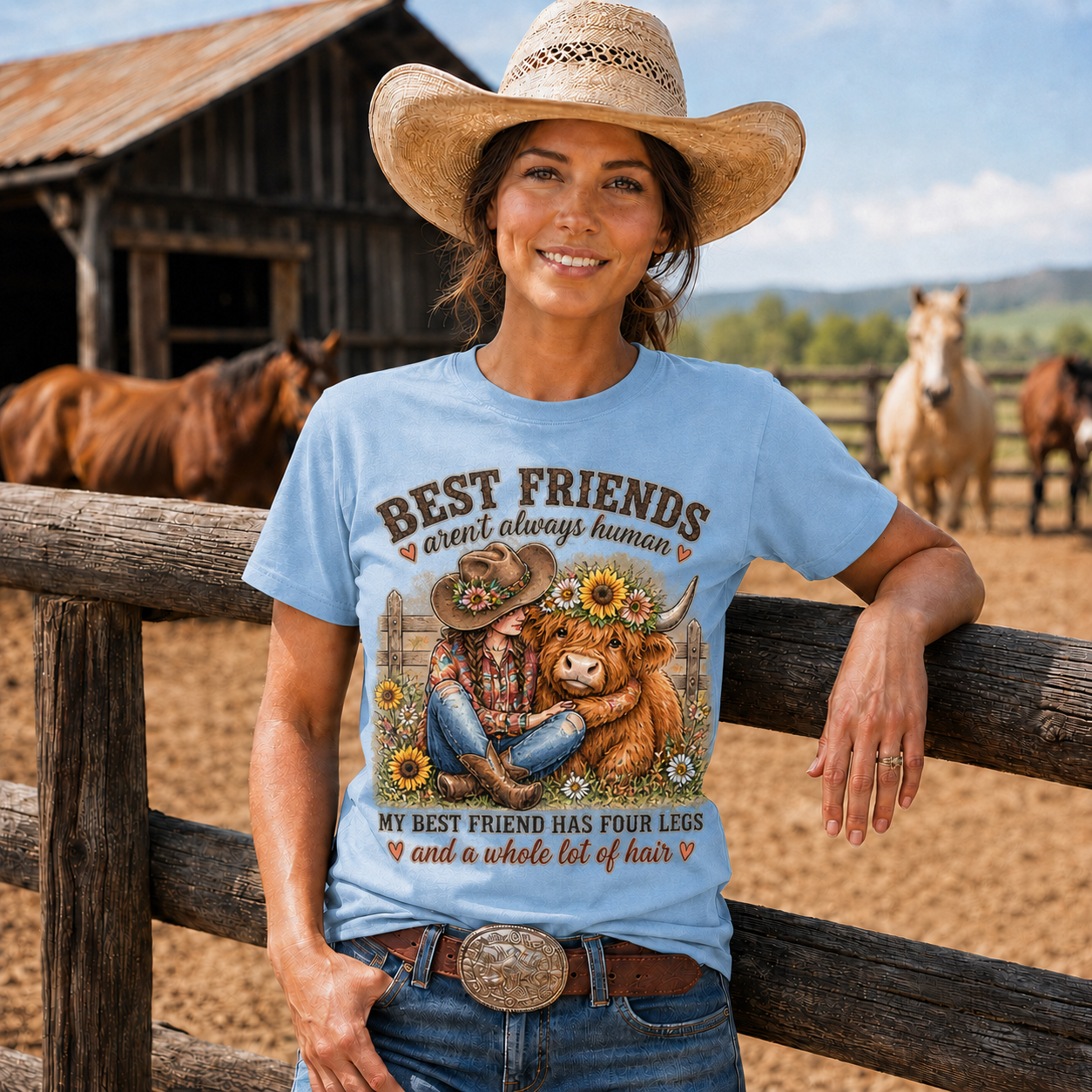 Best Friends Aren’t Always Human Cowgirl Highland Cow Tee -Unisex Tshirt /Hoodie/Sweatshirt