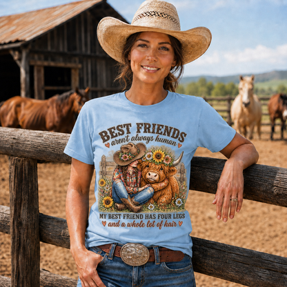 Best Friends Aren’t Always Human Cowgirl Highland Cow Tee -Unisex Tshirt /Hoodie/Sweatshirt