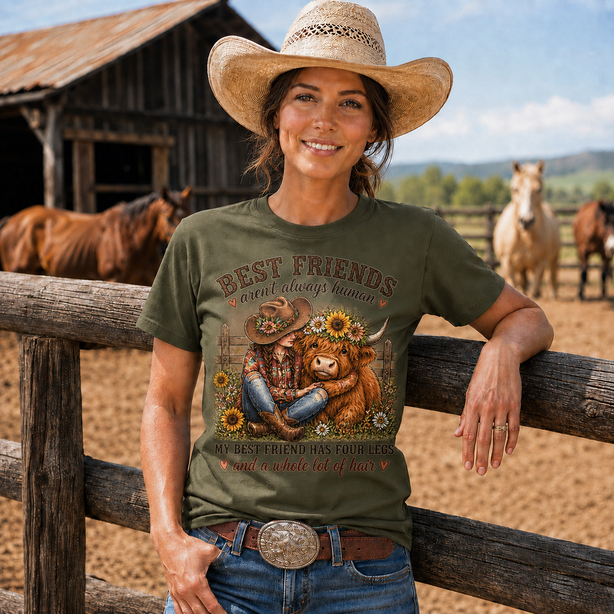 Best Friends Aren’t Always Human Cowgirl Highland Cow Tee -Unisex Tshirt /Hoodie/Sweatshirt