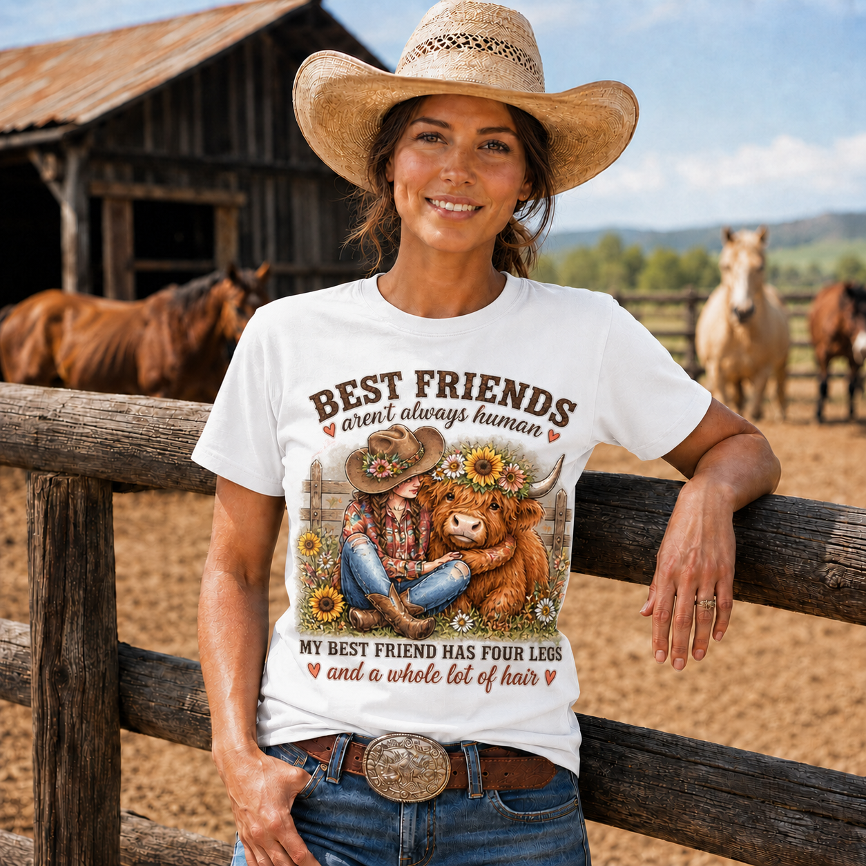 Best Friends Aren’t Always Human Cowgirl Highland Cow Tee -Unisex Tshirt /Hoodie/Sweatshirt