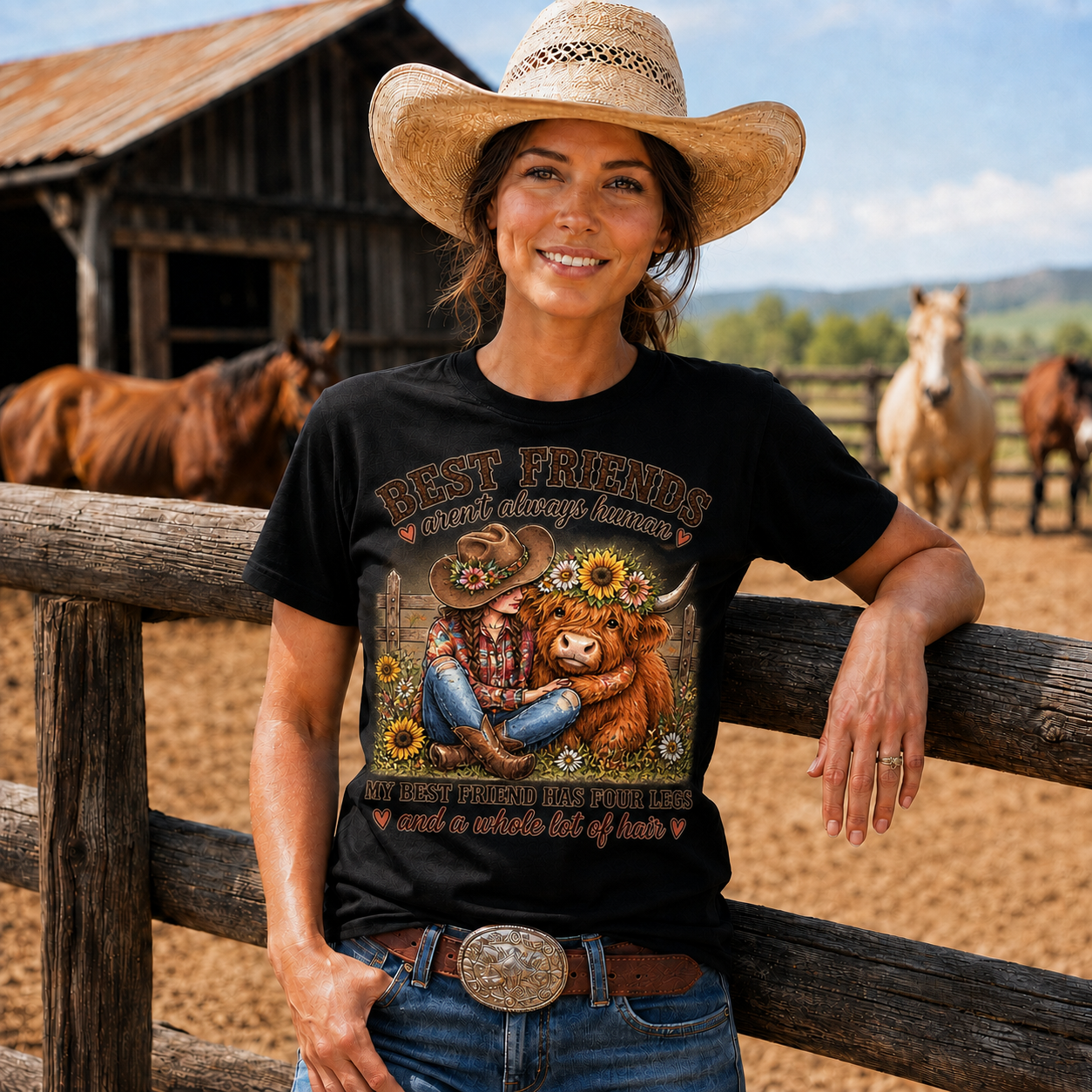 Best Friends Aren’t Always Human Cowgirl Highland Cow Tee -Unisex Tshirt /Hoodie/Sweatshirt
