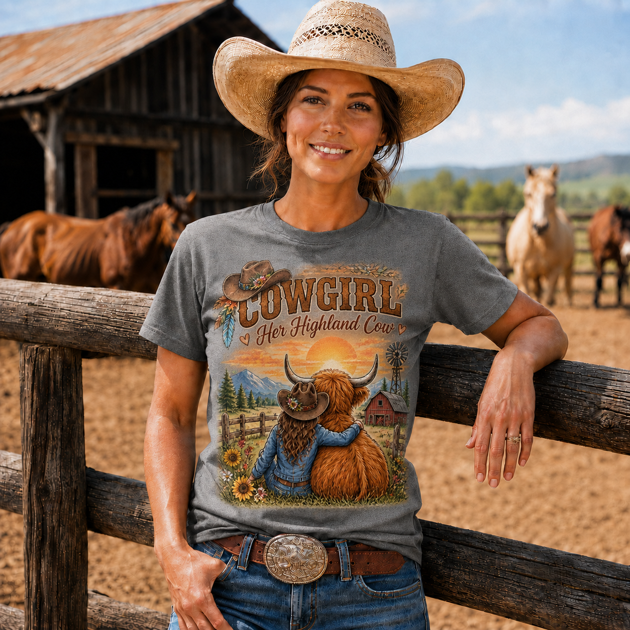 Cowgirl and Highland Cow Sunset Western -Unisex Tshirt /Hoodie/Sweatshirt
