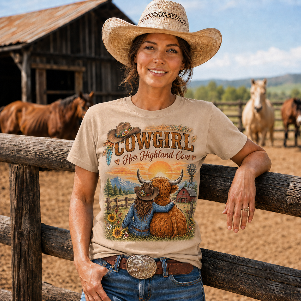 Cowgirl and Highland Cow Sunset Western -Unisex Tshirt /Hoodie/Sweatshirt