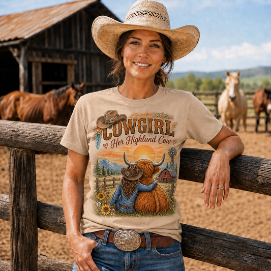 Cowgirl and Highland Cow Sunset Western -Unisex Tshirt /Hoodie/Sweatshirt