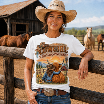 Cowgirl and Highland Cow Sunset Western -Unisex Tshirt /Hoodie/Sweatshirt