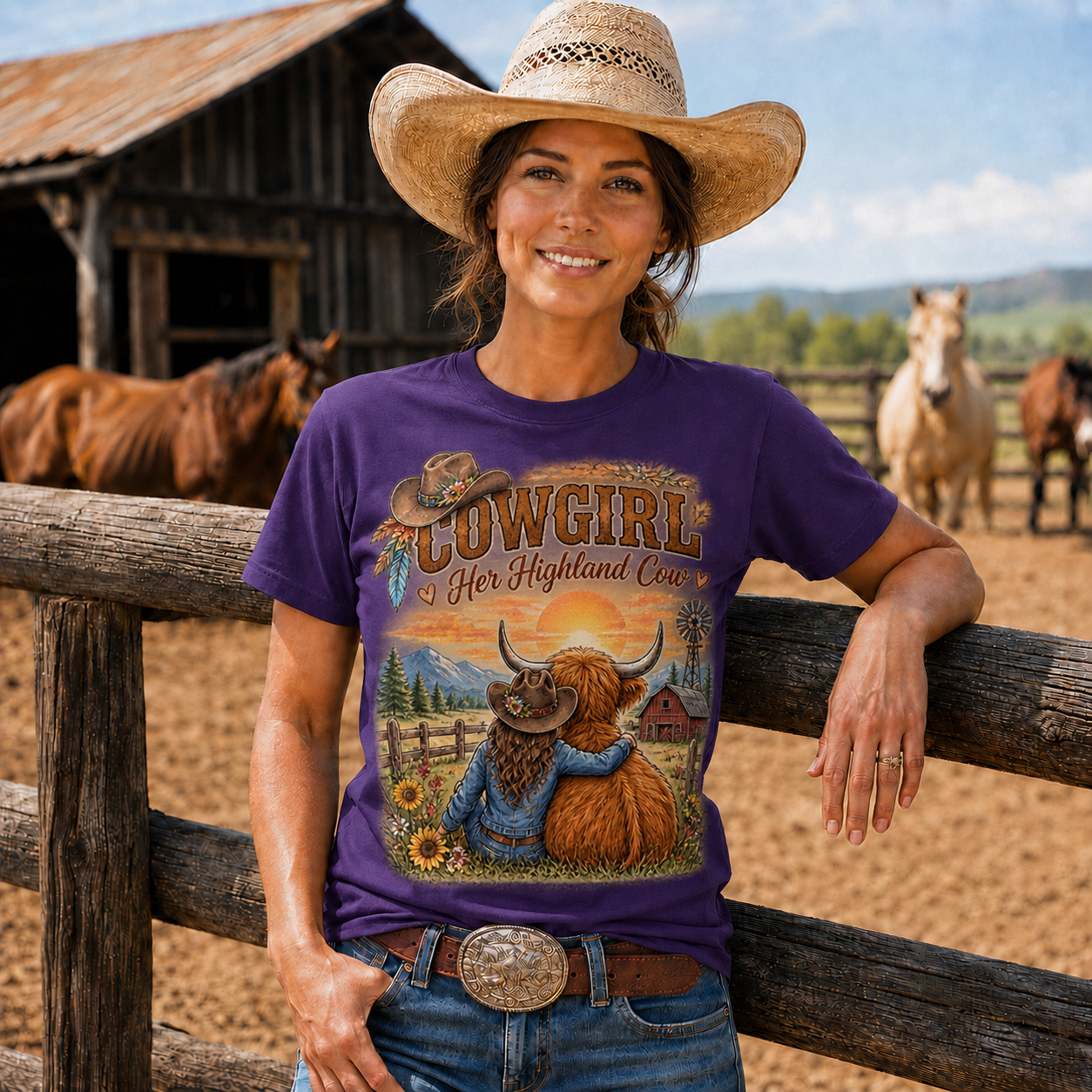 Cowgirl and Highland Cow Sunset Western -Unisex Tshirt /Hoodie/Sweatshirt