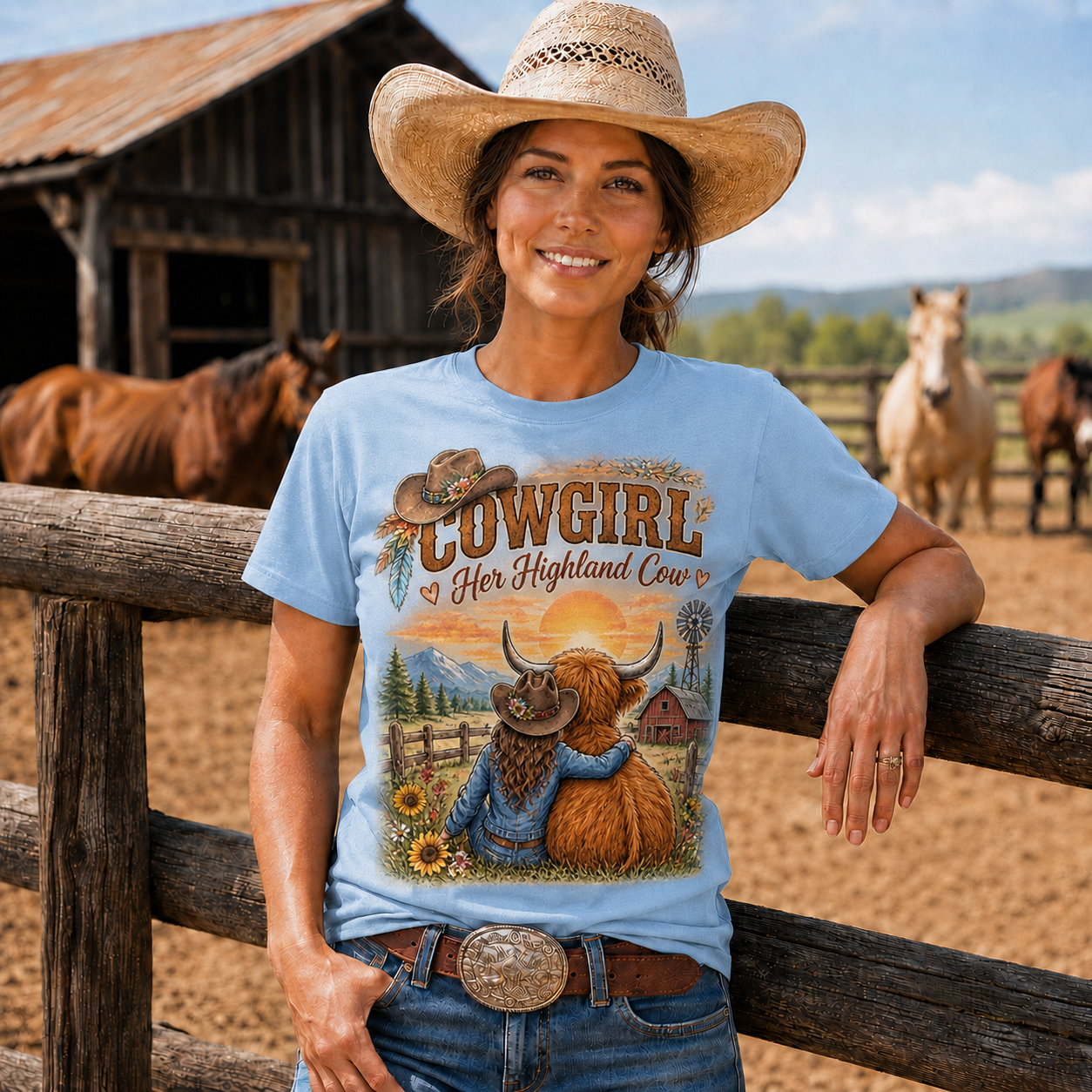 Cowgirl and Highland Cow Sunset Western -Unisex Tshirt /Hoodie/Sweatshirt