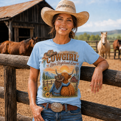 Cowgirl and Highland Cow Sunset Western -Unisex Tshirt /Hoodie/Sweatshirt