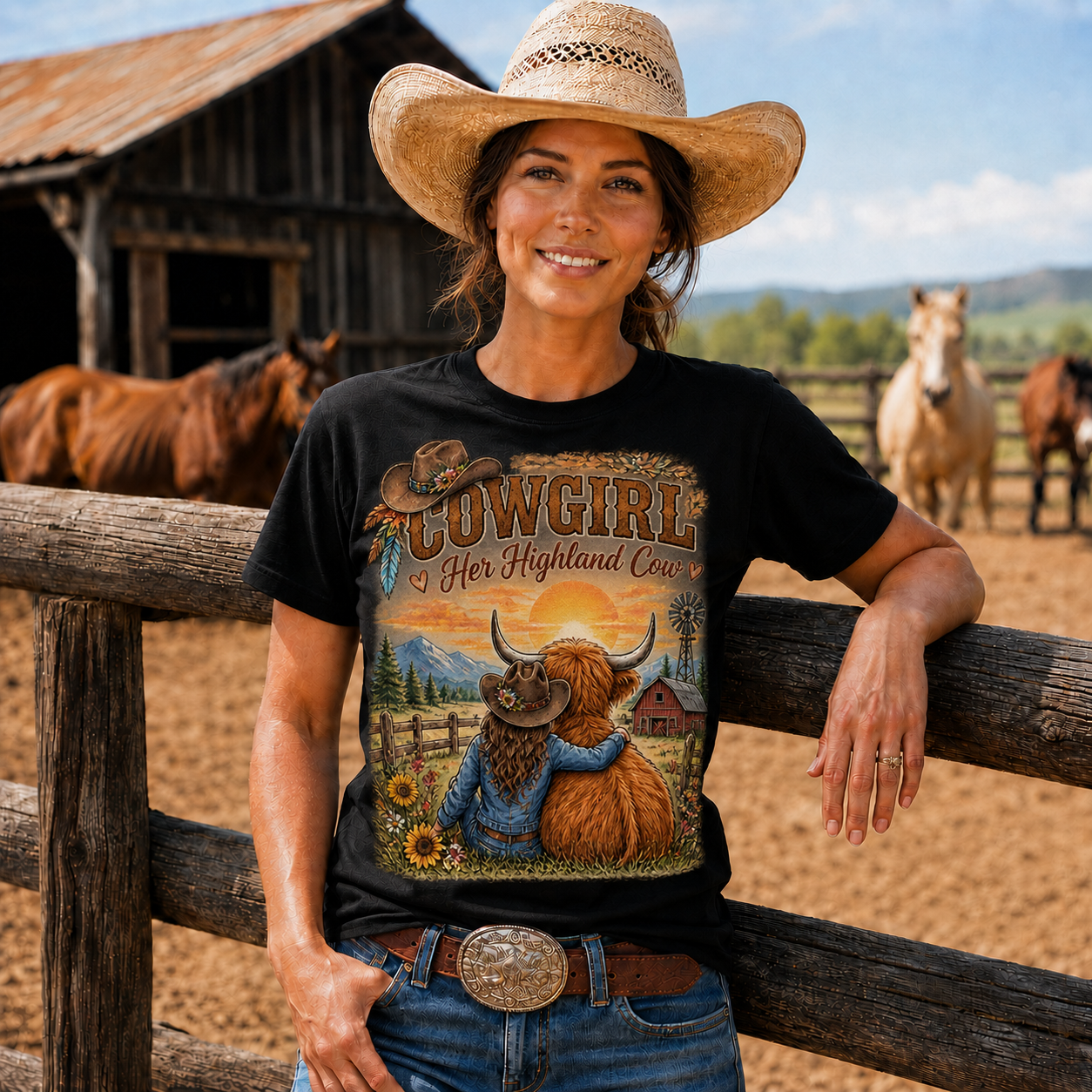 Cowgirl and Highland Cow Sunset Western -Unisex Tshirt /Hoodie/Sweatshirt