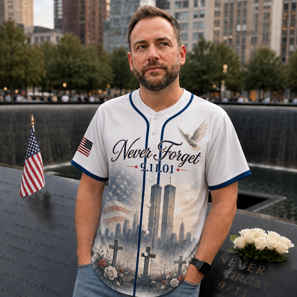 Never Forget 9/11 Memorial Baseball Jersey, Twin Towers American Flag Dove Cross Shirt
