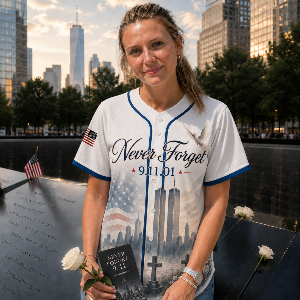 Never Forget 9/11 Memorial Baseball Jersey, Twin Towers American Flag Dove Cross Shirt