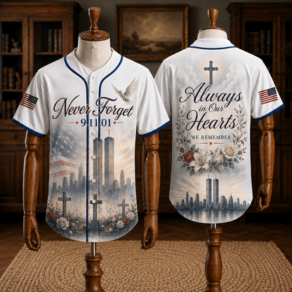 Never Forget 9/11 Memorial Baseball Jersey - Twin Towers & Firefighter Tribute