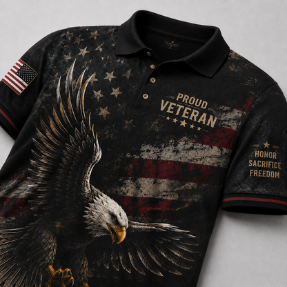 Proud Veteran Eagle Polo Shirt – Black American Flag Military Tribute Polo