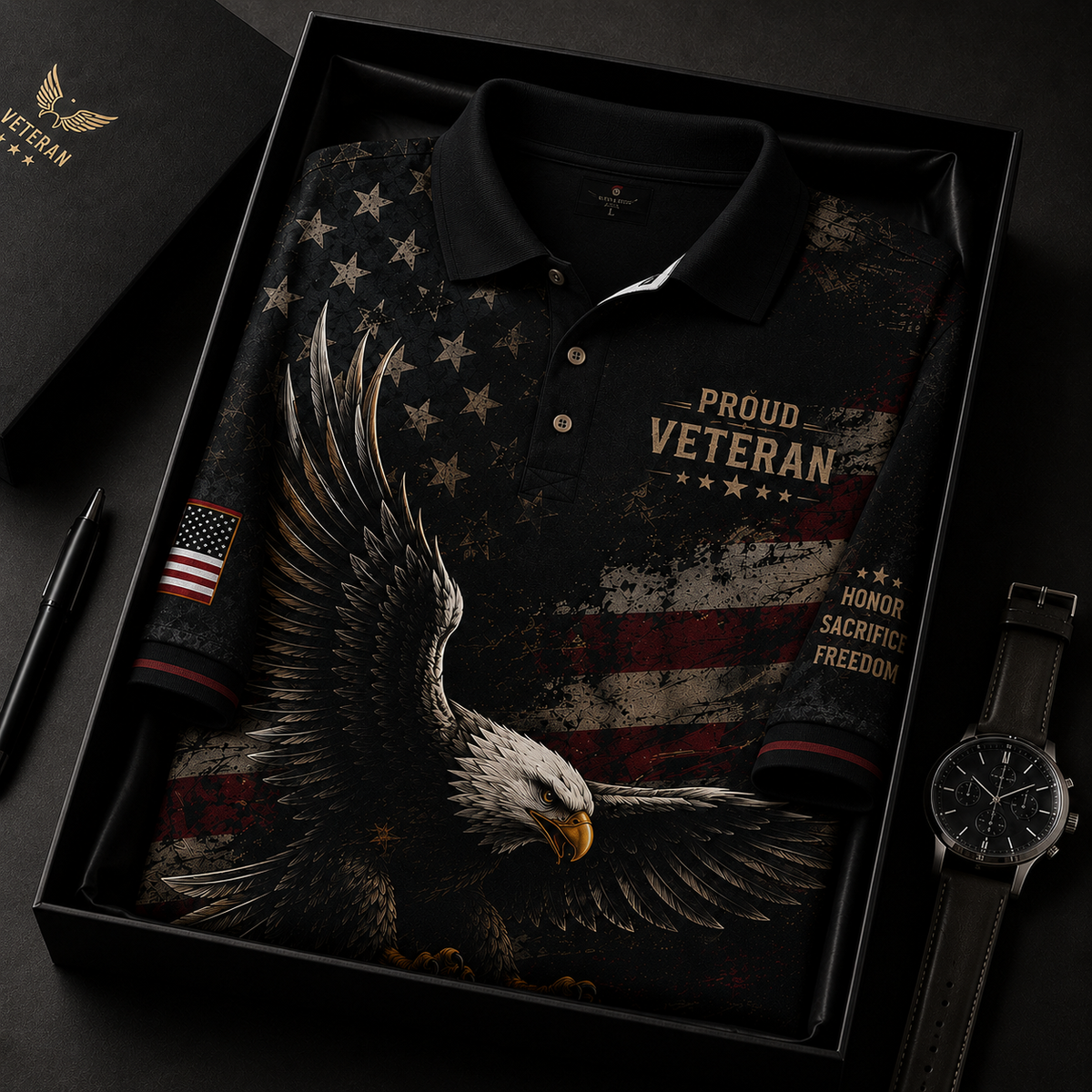 Proud Veteran Eagle Polo Shirt – Black American Flag Military Tribute Polo