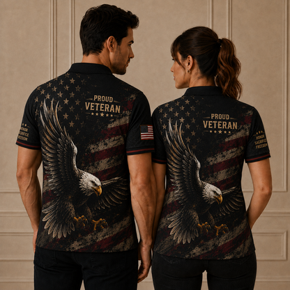 Proud Veteran Eagle Polo Shirt – Black American Flag Military Tribute Polo