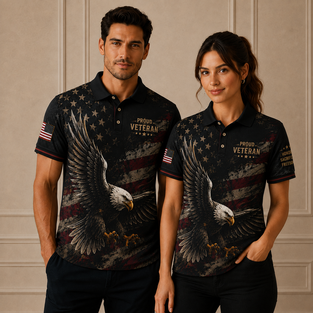 Proud Veteran Eagle Polo Shirt – Black American Flag Military Tribute Polo