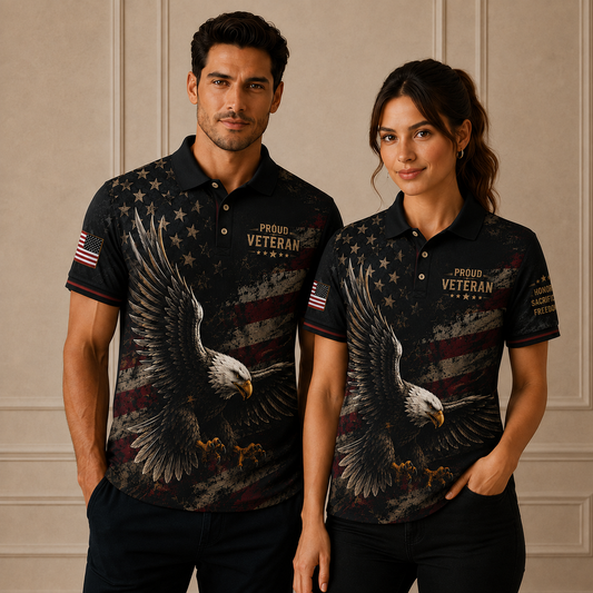 Proud Veteran Eagle Polo Shirt – Black American Flag Military Tribute Polo