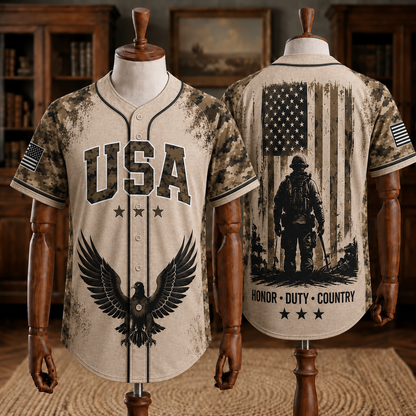 USA Veteran Style Baseball Jersey – Eagle & Soldier Patriotic Camo Jersey