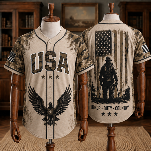 USA Veteran Style Baseball Jersey – Eagle & Soldier Patriotic Camo Jersey