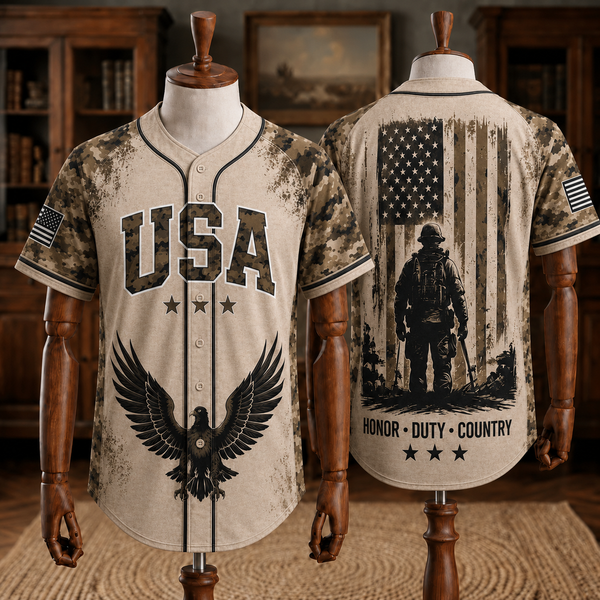 USA Veteran Style Baseball Jersey – Eagle & Soldier Patriotic Camo Jersey