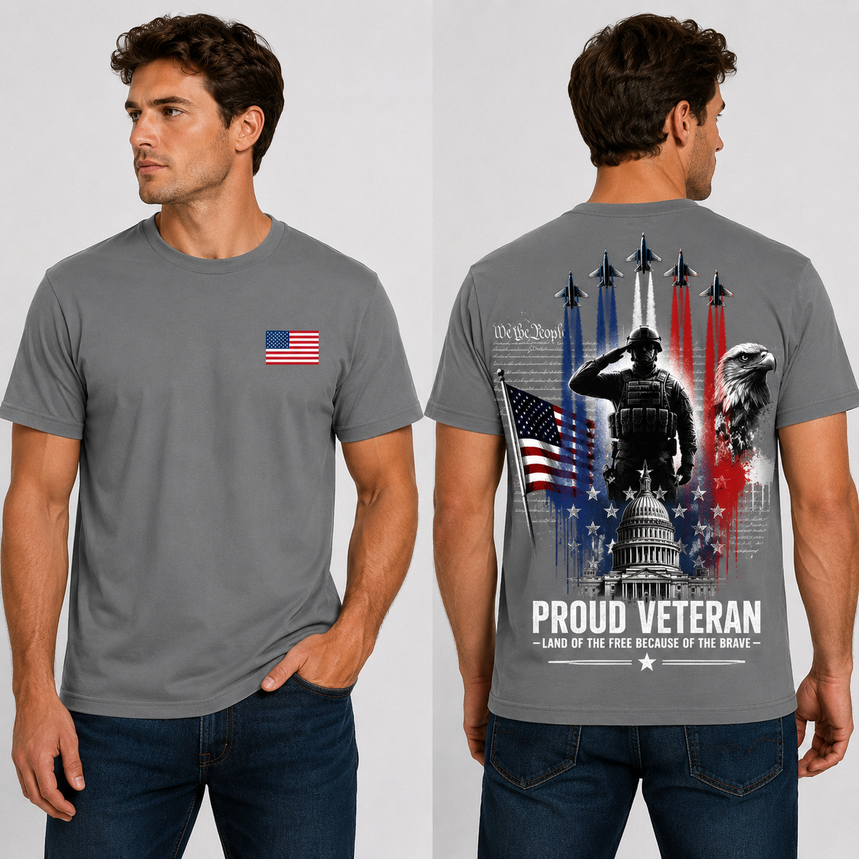 American Veteran T-Shirt – Patriotic Military Back Print with USA Flag