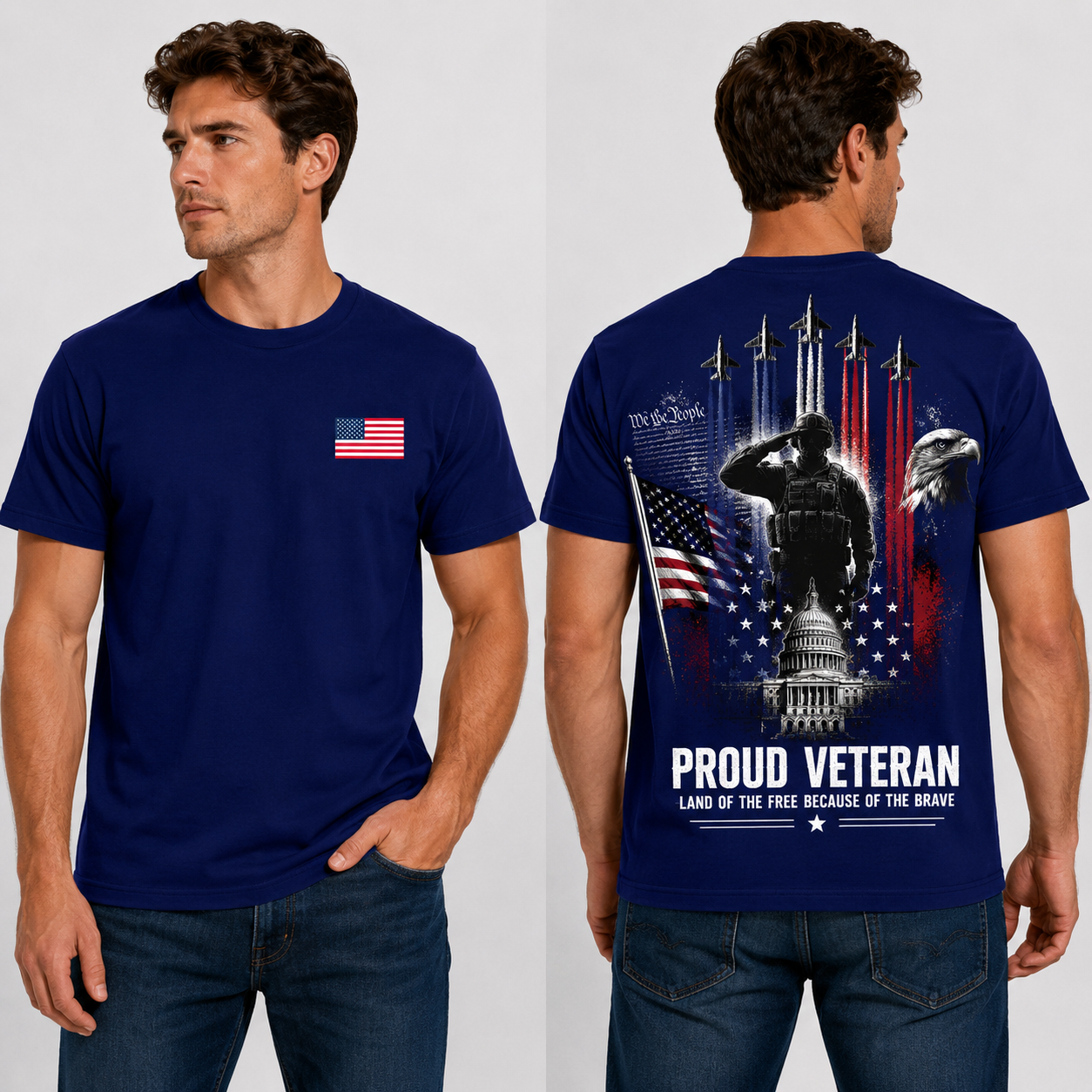 American Veteran T-Shirt – Patriotic Military Back Print with USA Flag