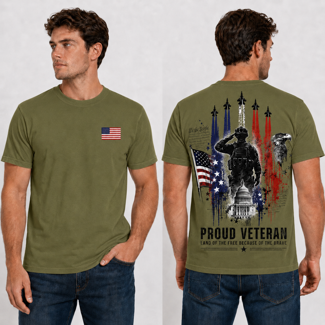 American Veteran T-Shirt – Patriotic Military Back Print with USA Flag