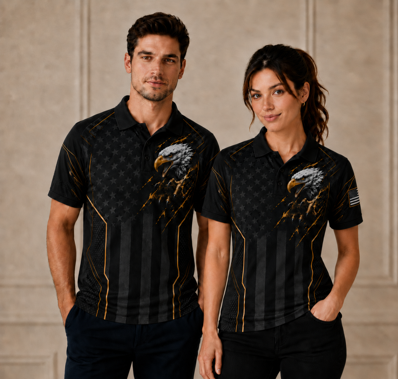 American Eagle Black Flag Polo Shirt – Patriotic Gold Accent Performance Polo