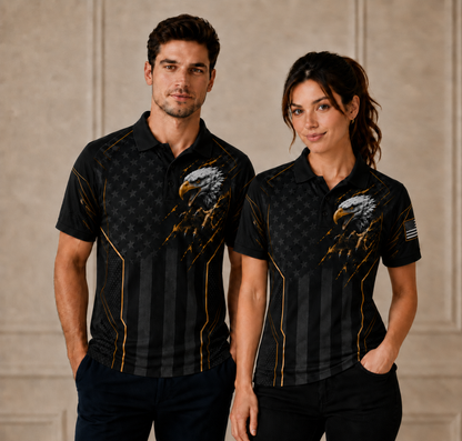 American Eagle Black Flag Polo Shirt – Patriotic Gold Accent Performance Polo