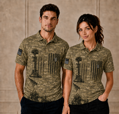 American Eagle Black Flag Polo Shirt – Patriotic Gold Accent Performance Polo