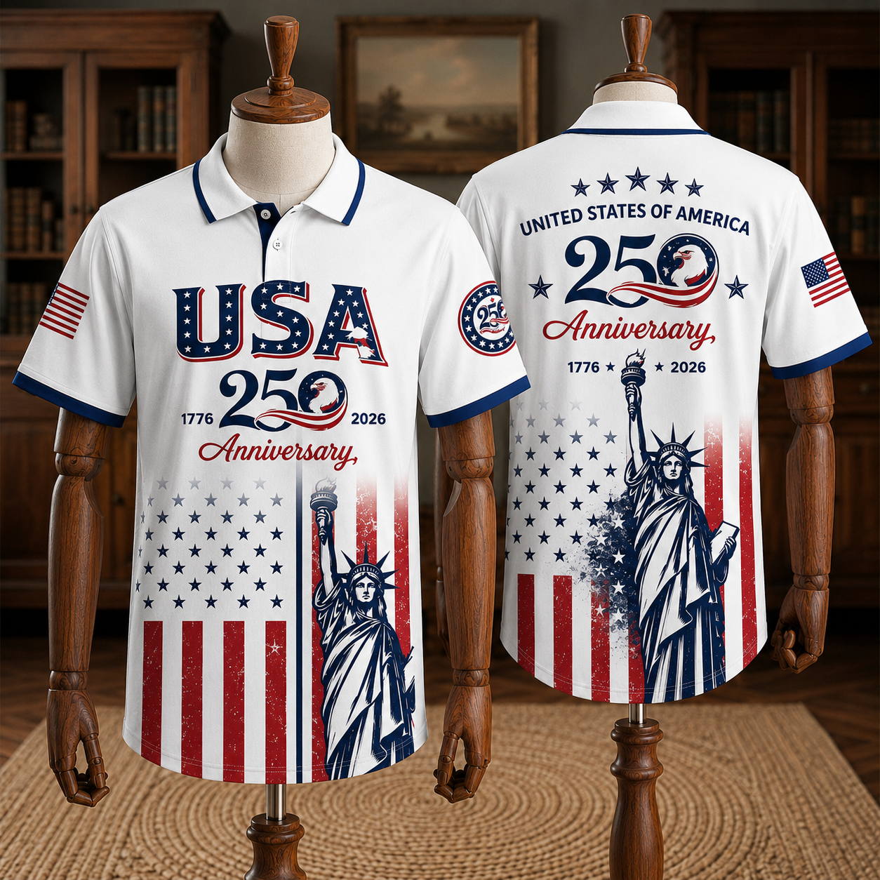 America 250th Anniversary Toile De Jouy Style Patriotic Polo Shirt