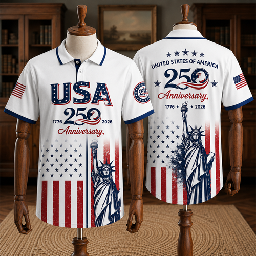 America 250th Anniversary Toile De Jouy Style Patriotic Polo Shirt