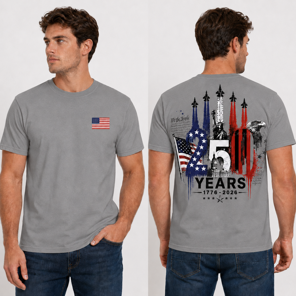 Washed T-Shirt | [Two Side] USA 250 Years Patriotic T-Shirt 1776–2026, America 250th Anniversary Independence Day Eagle Freedom Shirt