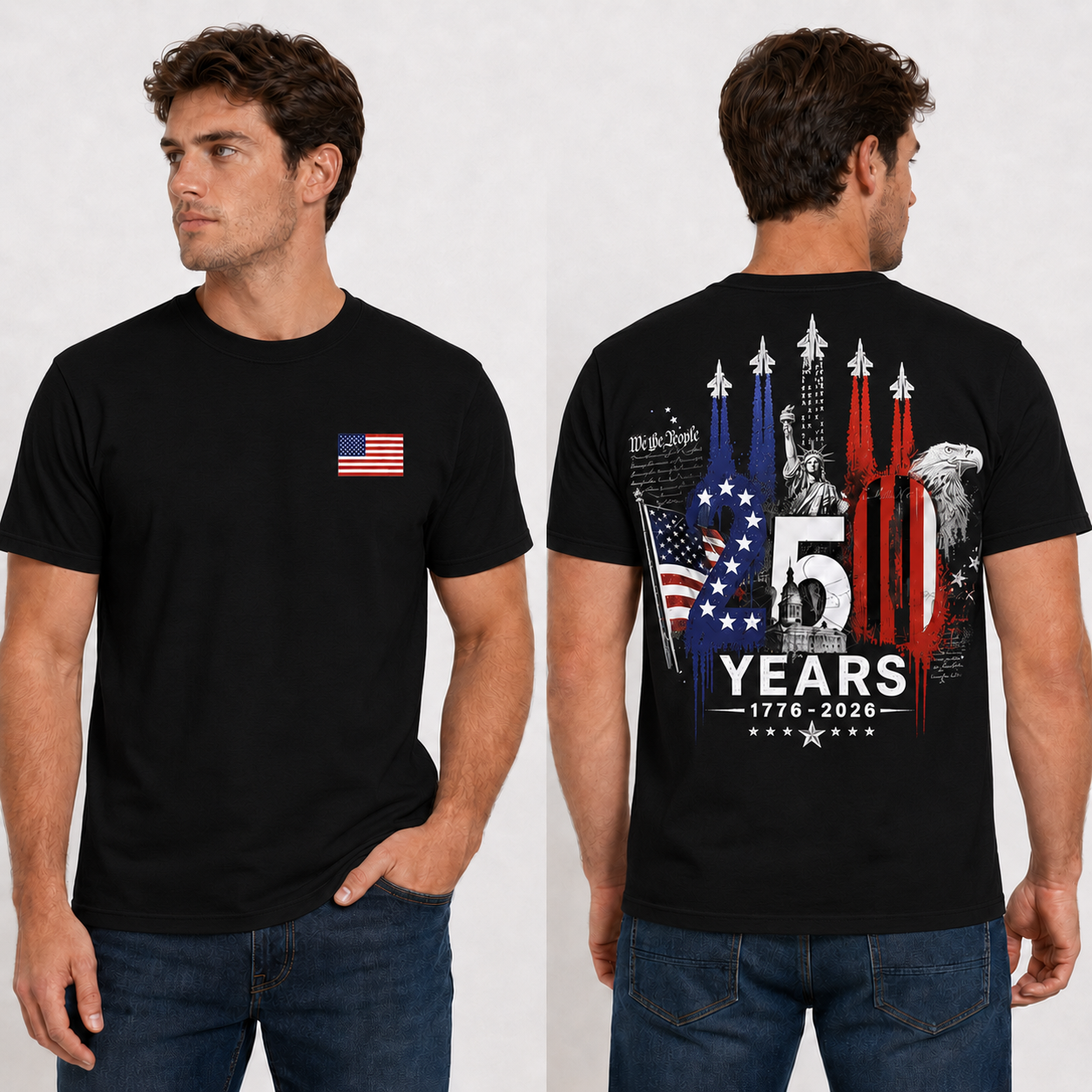 Washed T-Shirt | [Two Side] USA 250 Years Patriotic T-Shirt 1776–2026, America 250th Anniversary Independence Day Eagle Freedom Shirt