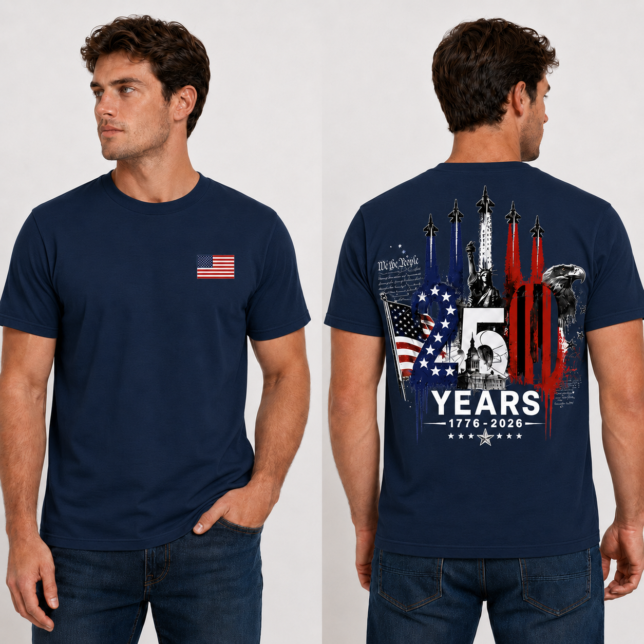 Washed T-Shirt | [Two Side] USA 250 Years Patriotic T-Shirt 1776–2026, America 250th Anniversary Independence Day Eagle Freedom Shirt