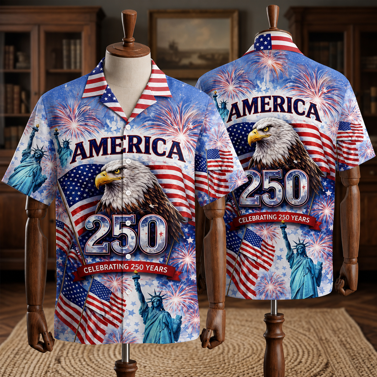 America 250th Anniversary Toile De Jouy Style Patriotic Hawaiian Shirt