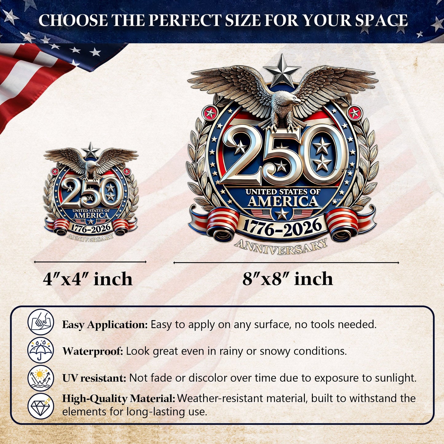 🔥 LIMITED TIME OFFER – 250th Anniversary USA Eagle Patriotic UV DTF 3D Car Decal (Premium Quality)