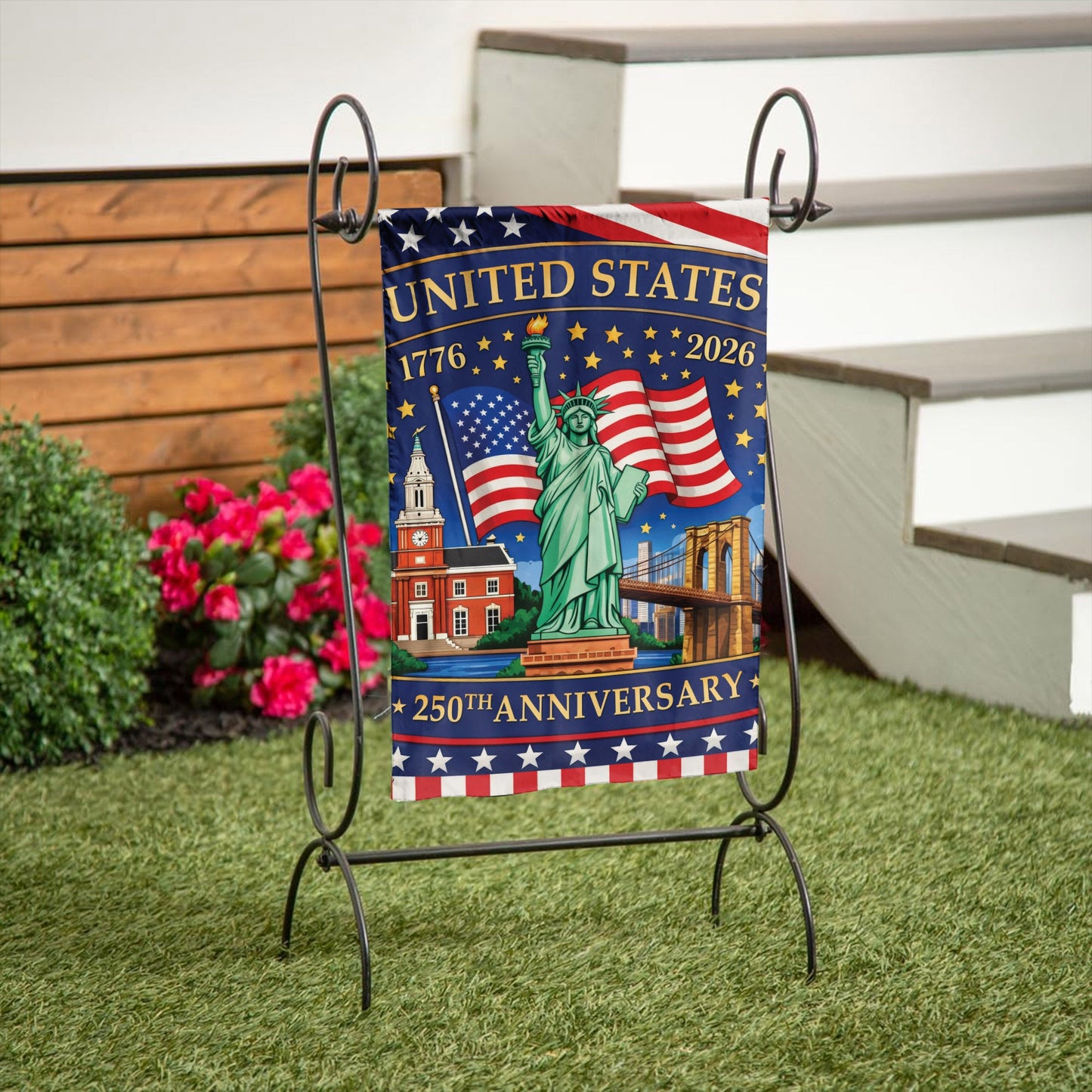 United States 250th Anniversary Flag – Statue of Liberty & American Landmarks, 1776-2026, Patriotic Decor