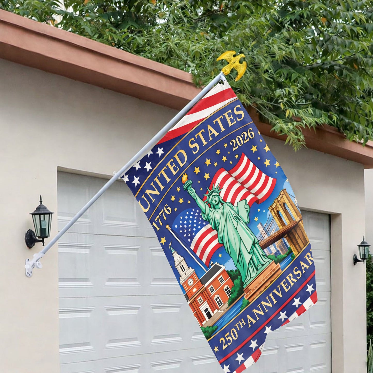 United States 250th Anniversary Flag – Statue of Liberty & American Landmarks, 1776-2026, Patriotic Decor