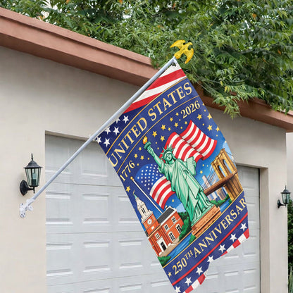 United States 250th Anniversary Flag – Statue of Liberty & American Landmarks, 1776-2026, Patriotic Decor