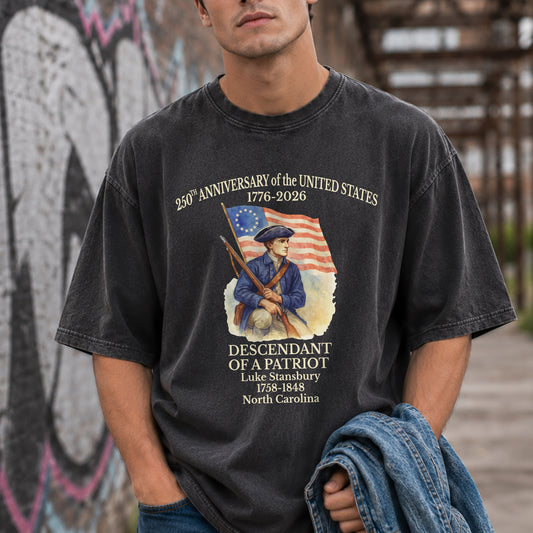 Washed T-Shirt | Personalized 250th Anniversary Shirt 1776-2026 Descendant of a Patriot Shirt, American Revolution Patriotic Unisex USA Independence Tee