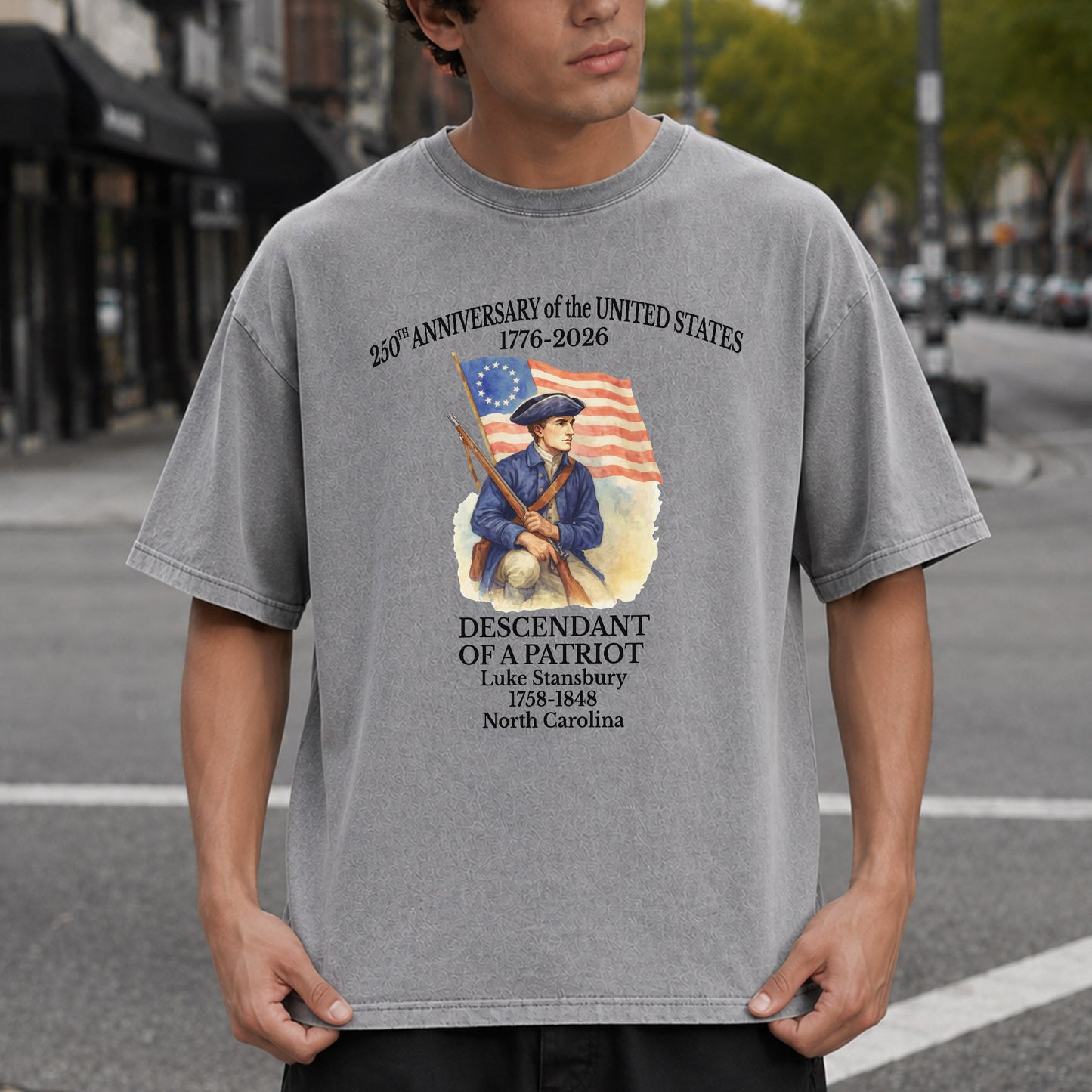 Washed T-Shirt | Personalized 250th Anniversary Shirt 1776-2026 Descendant of a Patriot Shirt, American Revolution Patriotic Unisex USA Independence Tee
