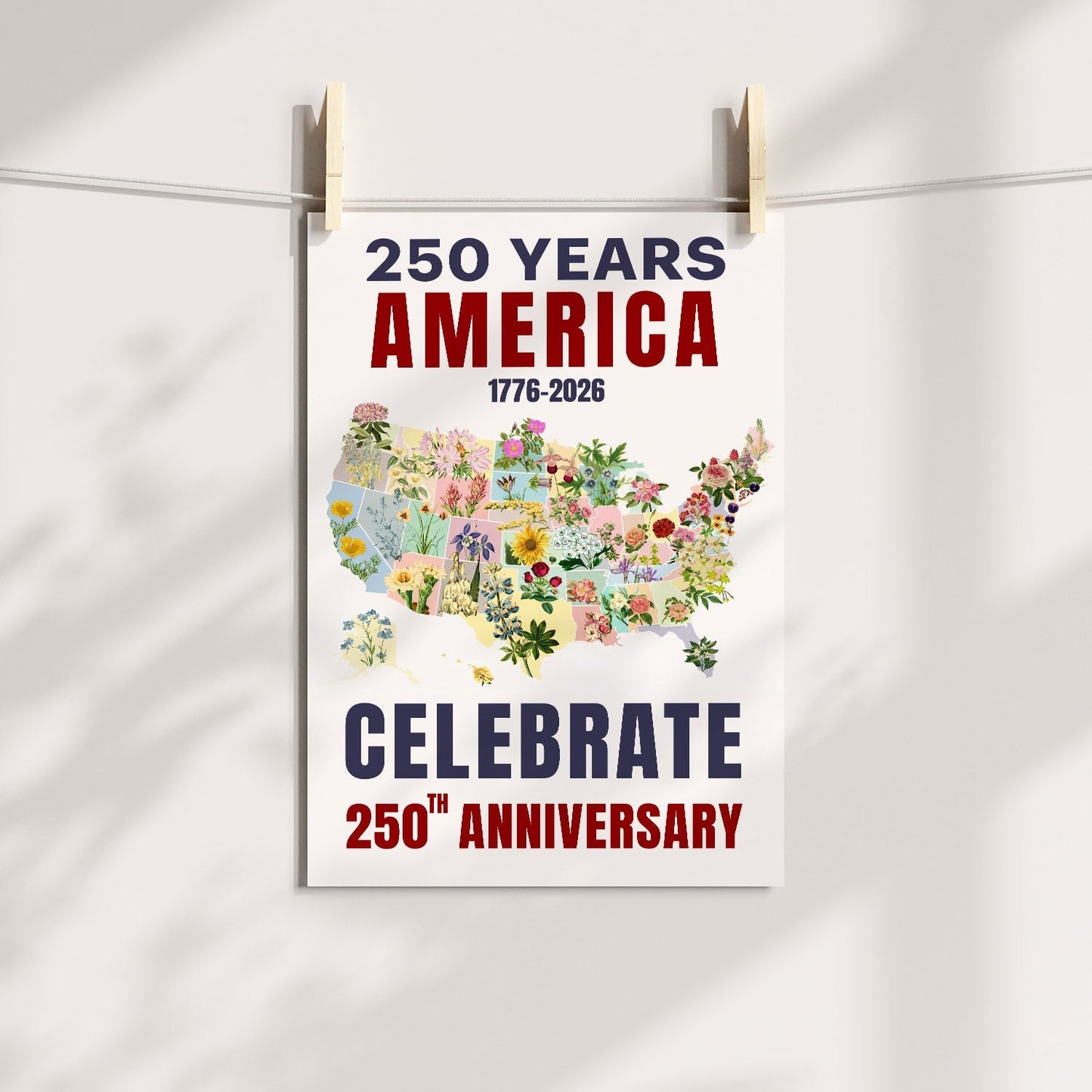 Celebrate 250 Floral USA Map Poster/Canvas