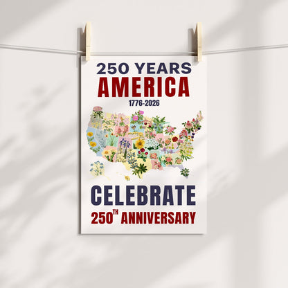 Celebrate 250 Floral USA Map Poster/Canvas