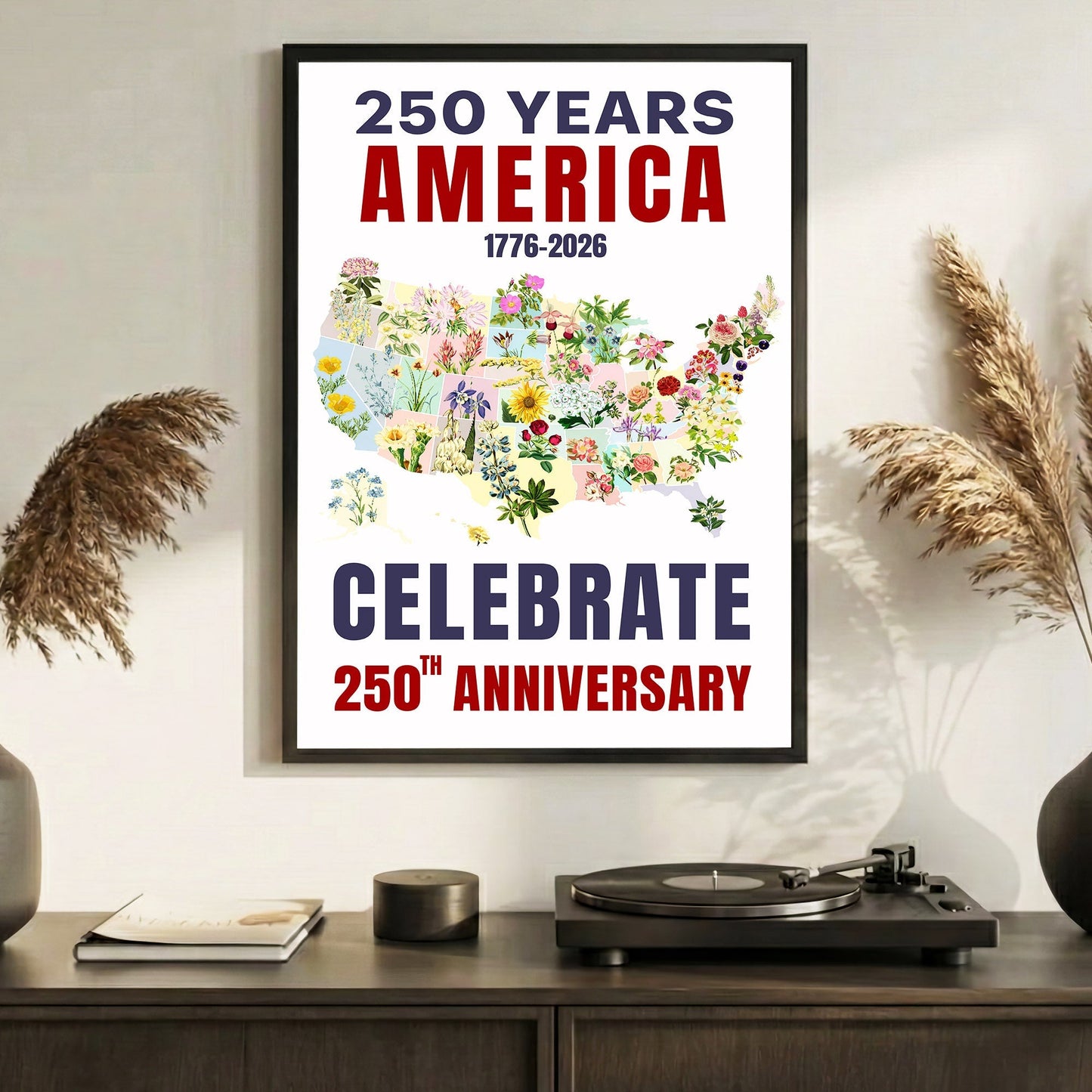 Celebrate 250 Floral USA Map Poster/Canvas