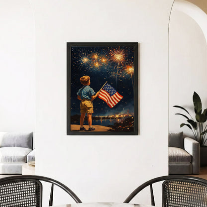 Fireworks Night American Flag Boy Poster/Canvas