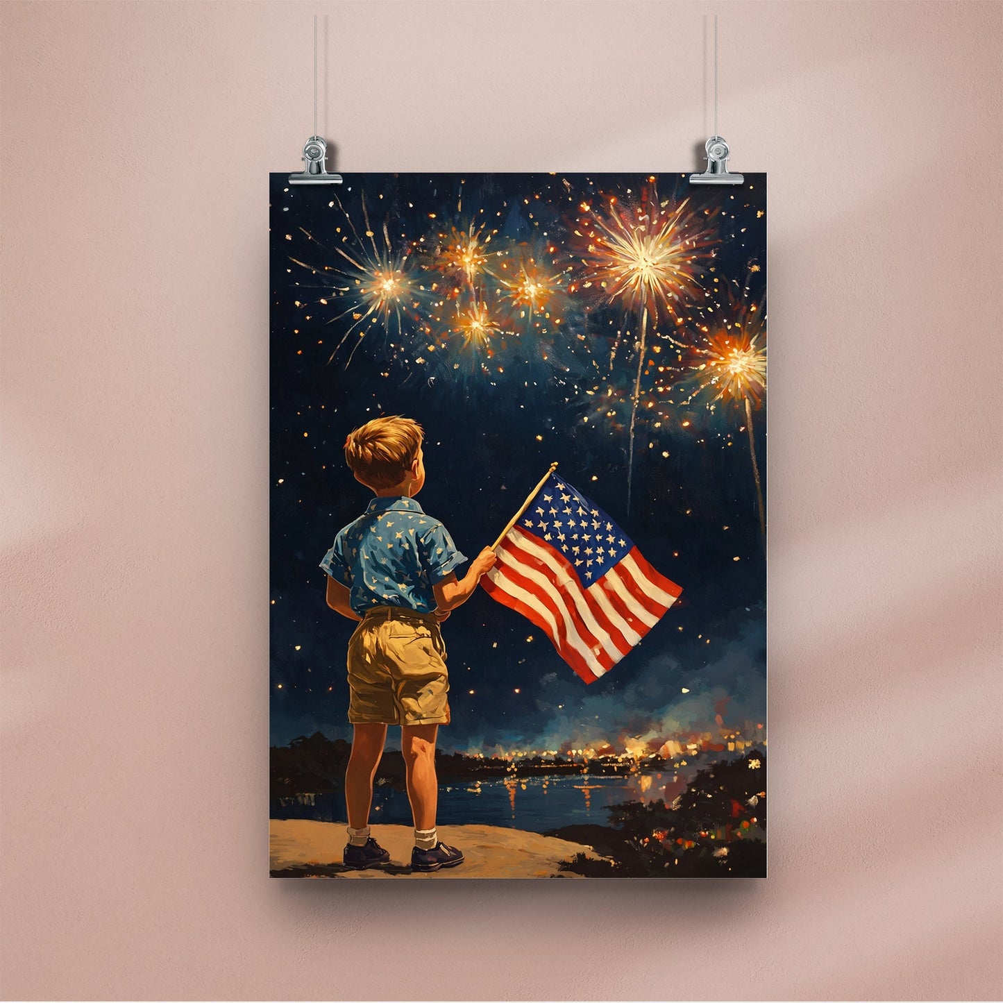 Fireworks Night American Flag Boy Poster/Canvas