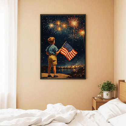 Fireworks Night American Flag Boy Poster/Canvas