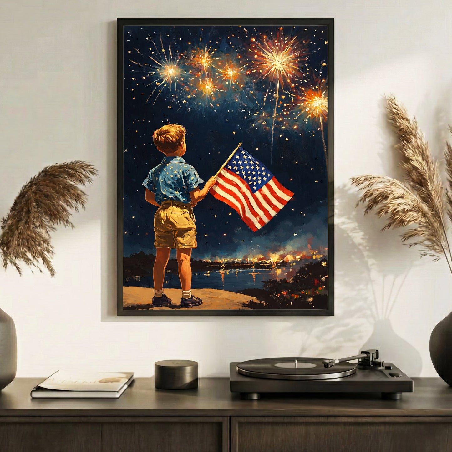 Fireworks Night American Flag Boy Poster/Canvas