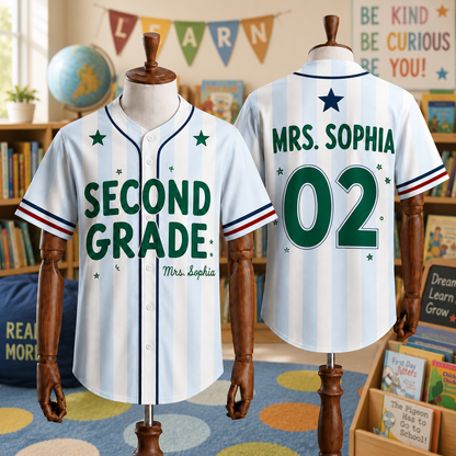 Custom Teacher Baseball Jersey, Personalized Grade Level & Name Pinstripe Shirt